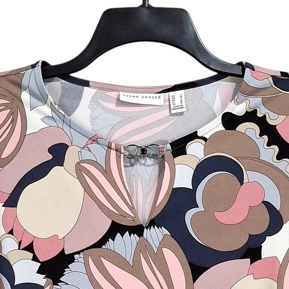 Susan Graver Top Women S Beige Blue Keyhole Neck 3/4 Sleeve Liquid Knit Tunic - Picture 7 of 13